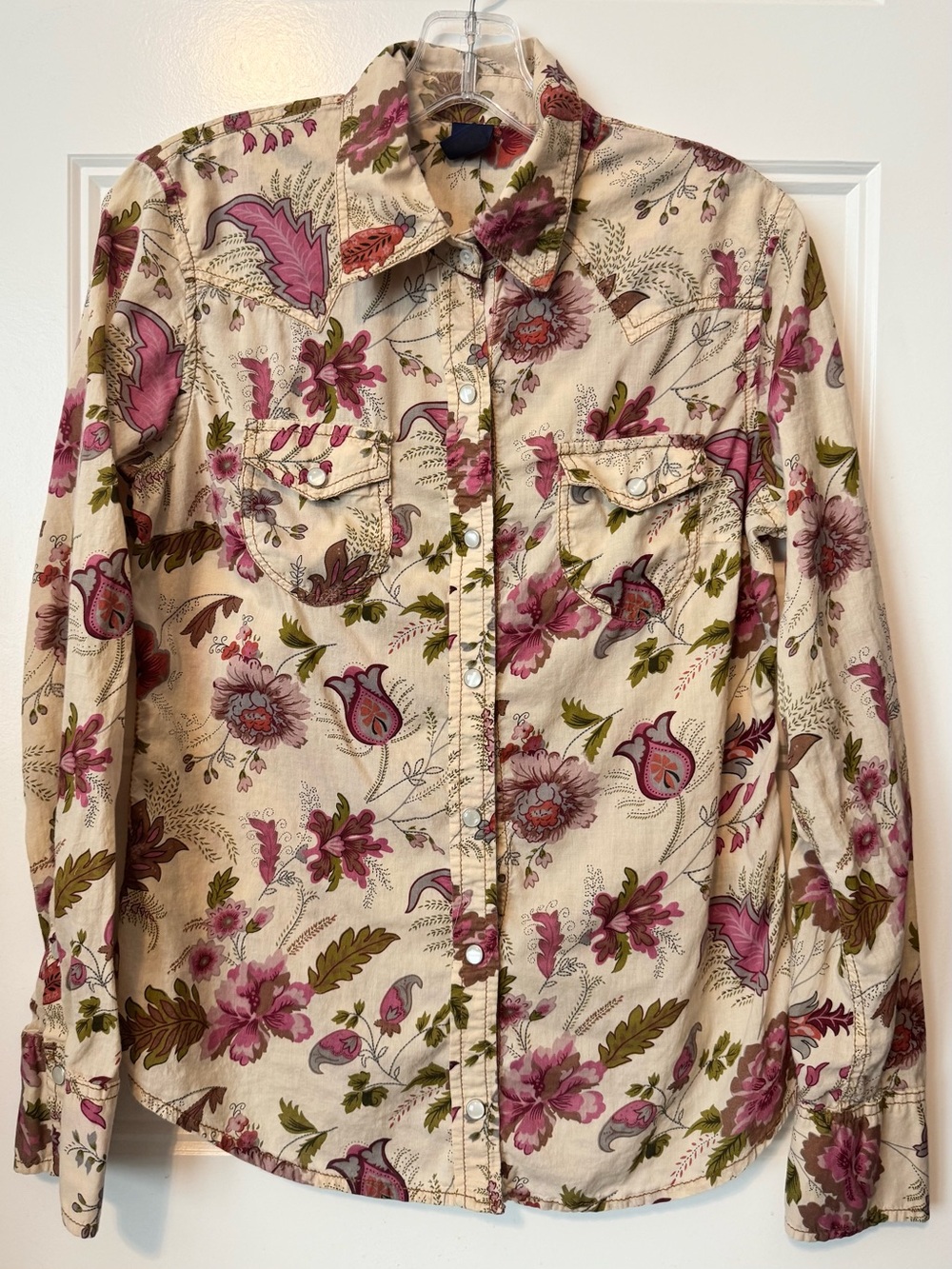 Gap Floral Western Snap Button Shirt Women Size 6 Pink Cottagecore 100% Cotton